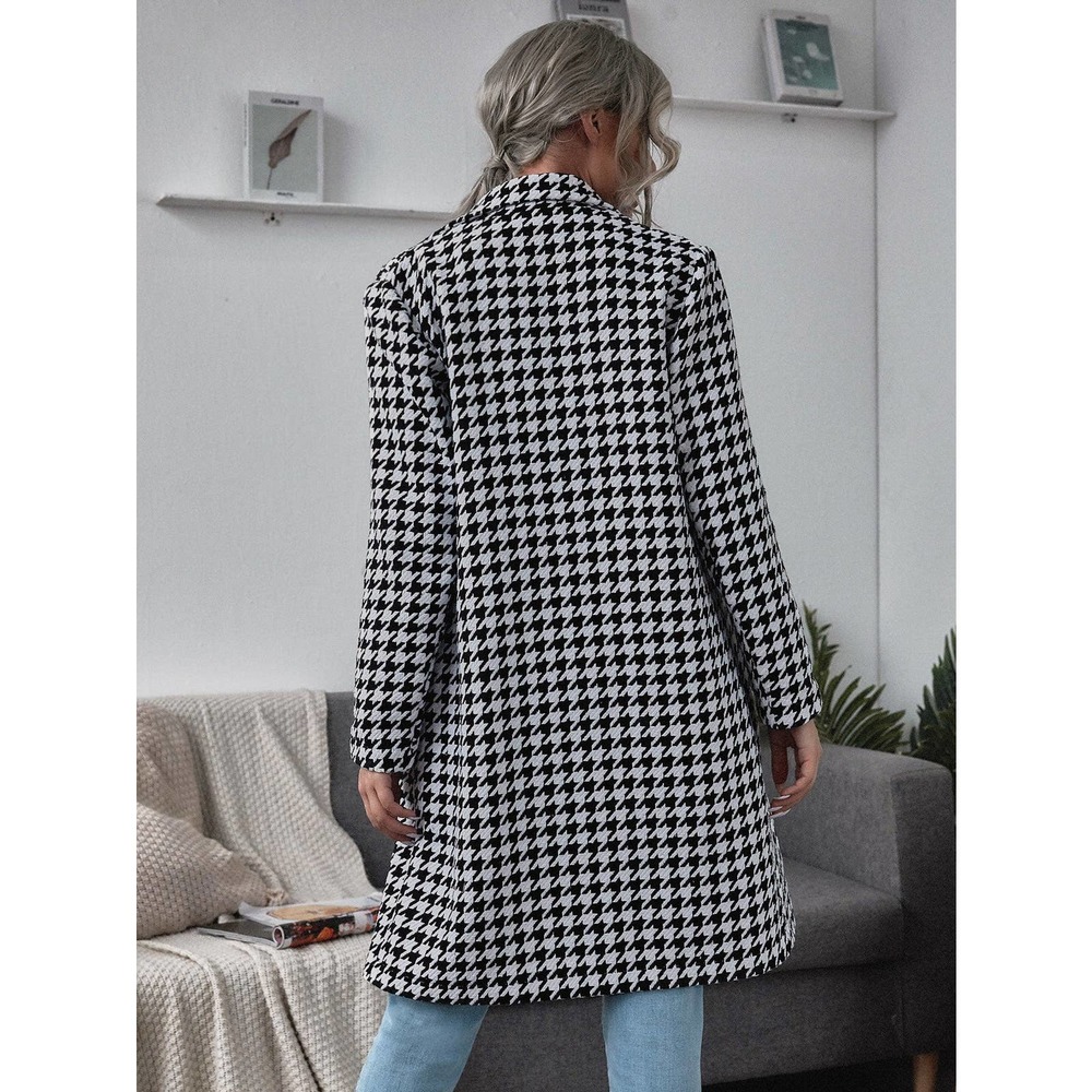 Lapel Collar Double Breasted Houndstooth plaid long pea Coat peacoat trench coat - Picture 2 of 5